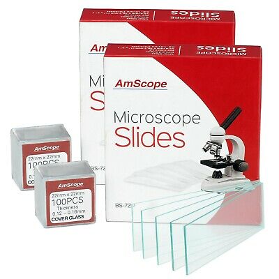 Amscope 144 Pre-cleaned Blank Microscope Slides & 200 22x22mm Square Cover Glass