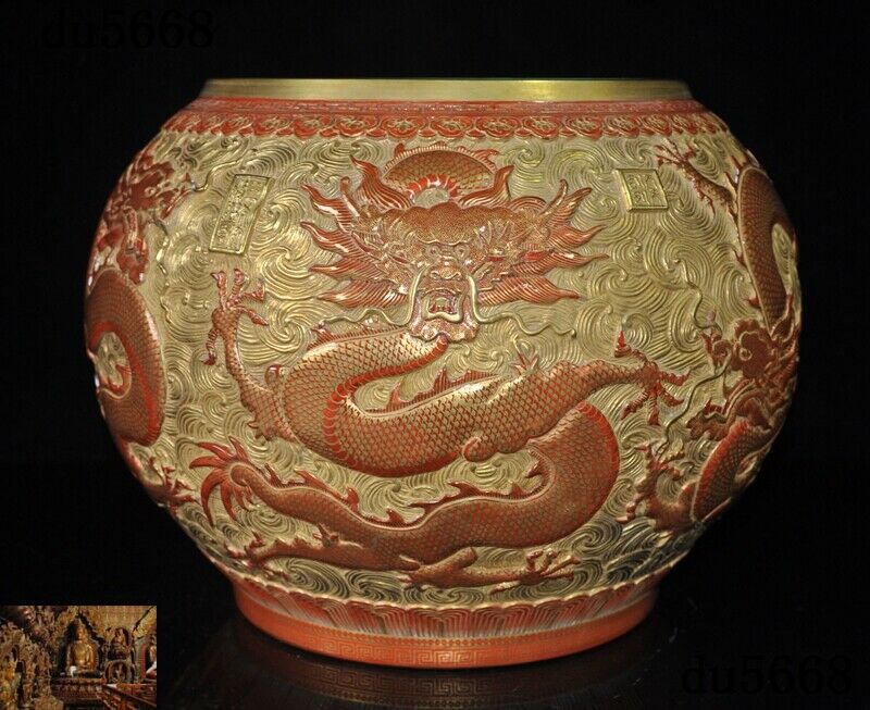 13"rare China Dynasty Enamel Porcelain 24k Gold Animal Dragon Crock Tank Pot Jar