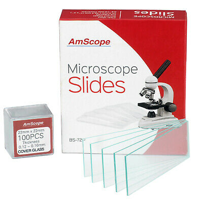 Amscope 72 Pre-cleaned Blank Microscope Slides & 100 22x22mm Square Cover Glass
