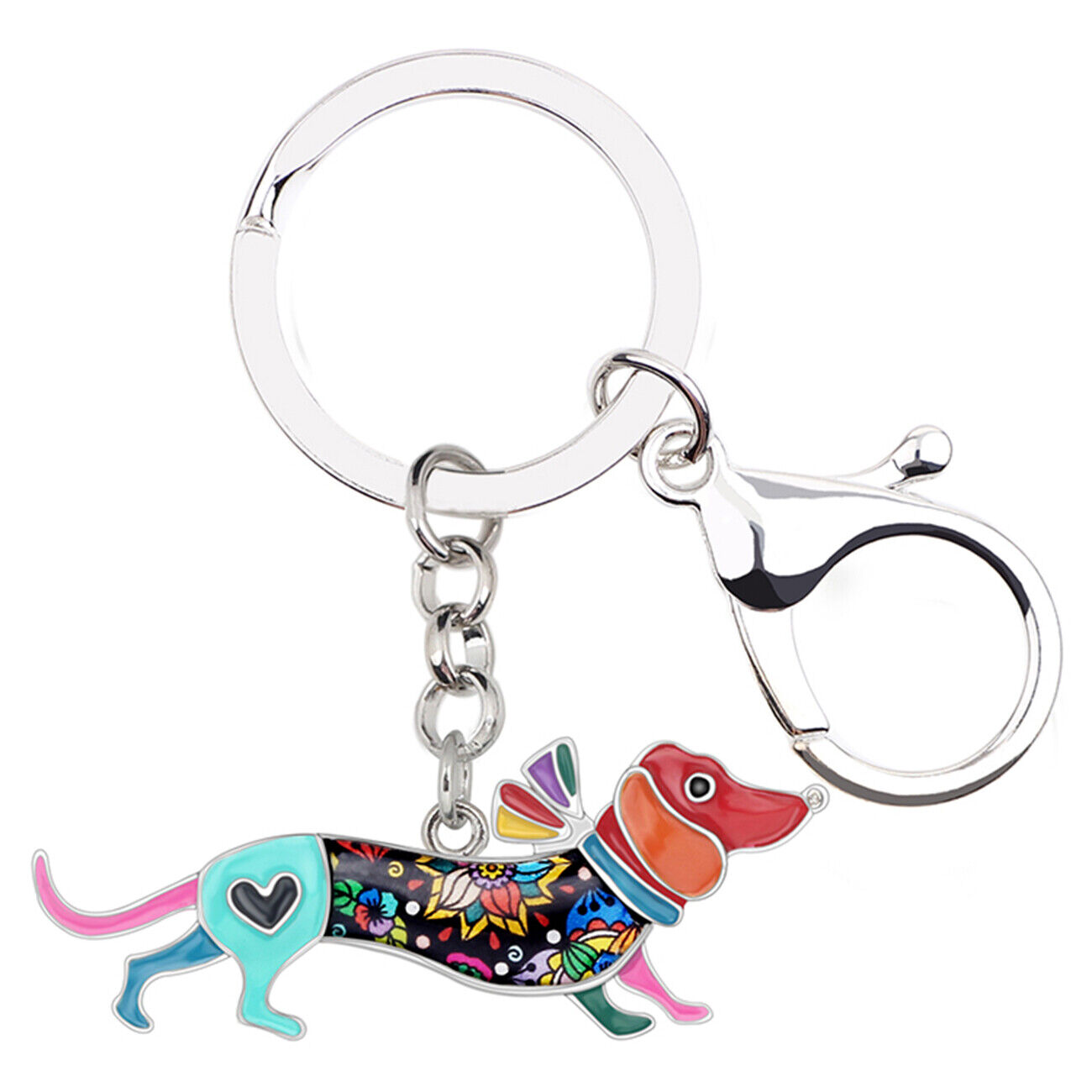 Enamel Alloy Floral Dachshund Dog Keychains Bag Car Key Ring Pets Jewelry Gifts
